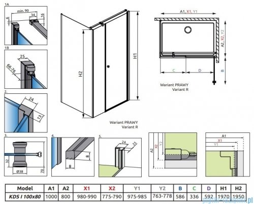 Radaway Eos KDS I kabina prysznicowa 100x80 prawa przejrzyste 137550-01-01R
