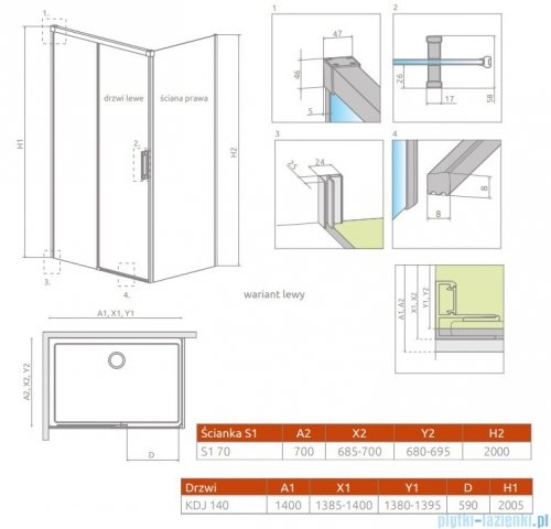 Radaway Idea Kdj kabina 140x70cm lewa szkło przejrzyste rysunek techniczny