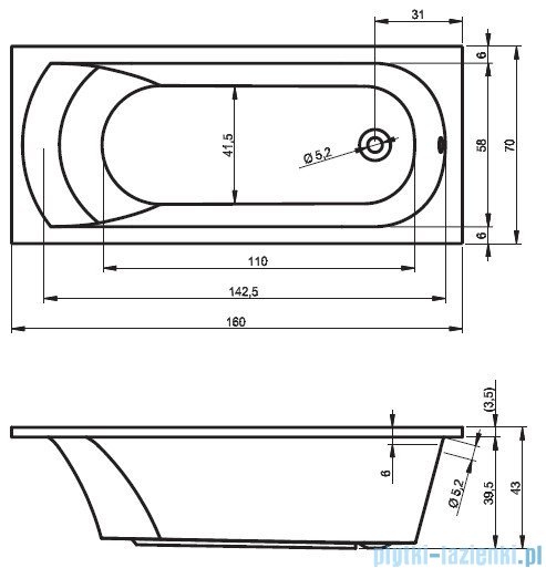 Riho Miami wanna prostokątna 160x70cm nóżki+syfon BB60/01U/AMC55