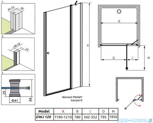 Radaway Eos II DWJ Drzwi prysznicowe 120x195 prawe szkło przejrzyste 3799444-01R