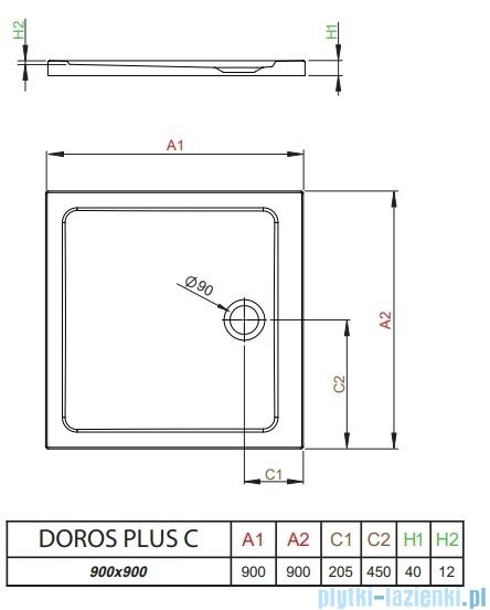 Radaway Doros Plus C Brodzik kwadratowy 90x90x4cm SDRPC9090-01