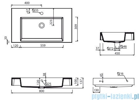 Marmorin Teo 800 umywalka wisząca 80x45 bez otworu przelewowego i bez otworu na baterie biała 641080020010