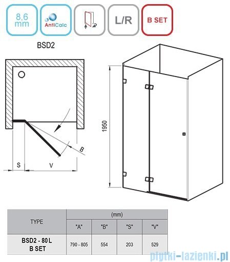 Ravak Brilliant BSD2 drzwi prysznicowe 80cm lewe transparent 0UL4AA00Z1