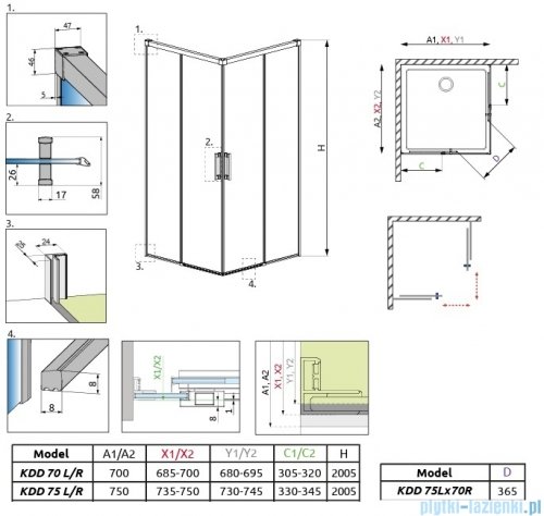 Radaway Idea Gold Kdd kabina 75x70cm złoty połysk/szkło przejrzyste 387066-09-01L/387065-09-01R