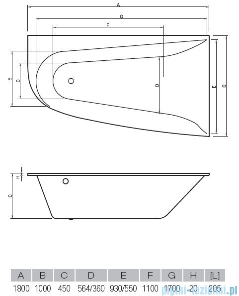 Vayer Bumerang 180x100cm Wanna asymetryczna lewa