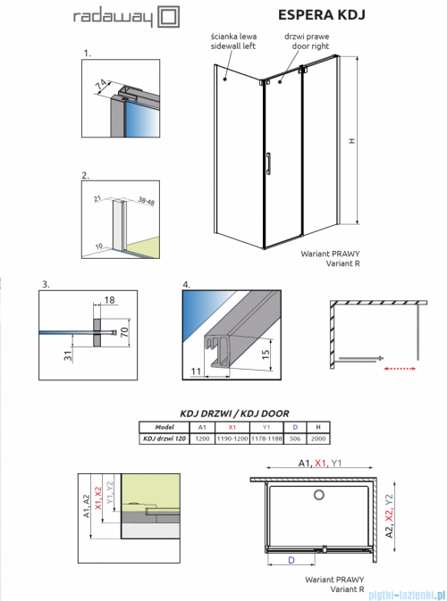 Radaway Espera KDJ Drzwi prysznicowe 120 prawe szkło przejrzyste 380595-01R/380232-01R