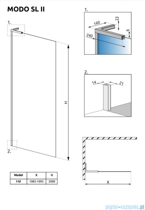 Radaway Modo SL II Brushed GunMetal kabina Walk-in 110x200 lewa szczotkowany grafit 10319114-92-01L
