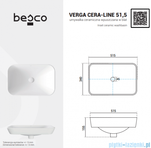 Besco Verga Cera-Line White umywalka nablatowa biała 51,5 cm biały połysk UNC-52-VEB