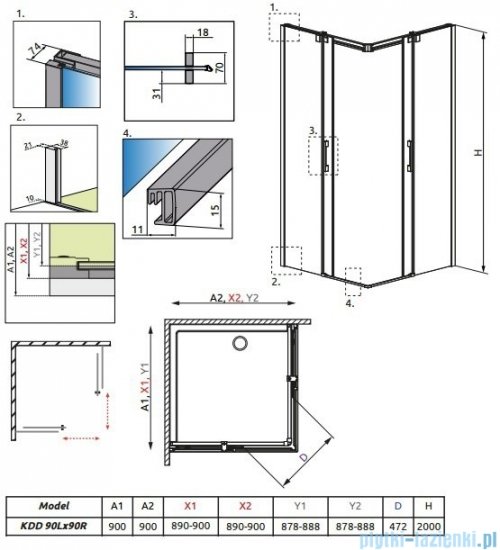Radaway Espera KDD Kabina prysznicowa 90x90 szkło przejrzyste + brodzik Delos C + syfon 380151-01L/380151-01R/SDC0909-01
