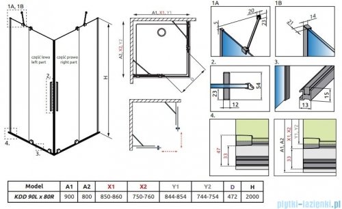 Radaway Furo Brushed GunMetal KDD kabina 90x80cm szczotkowany grafit 10105090-92-01L/10105080-92-01R