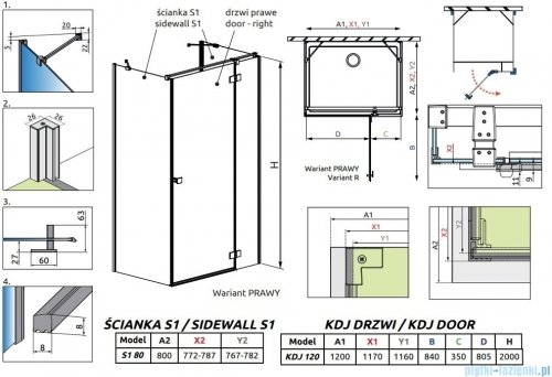 Radaway Essenza Kdj+S kabina 80x120x80cm prawa szkło przejrzyste 1384051-01-01/1385024-01-01R/1384051-01-01