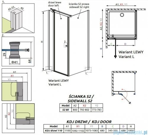 Radaway Eos II KDJ kabina prysznicowa 110x80 lewa szkło przejrzyste 3799423-01L/3799430-01R