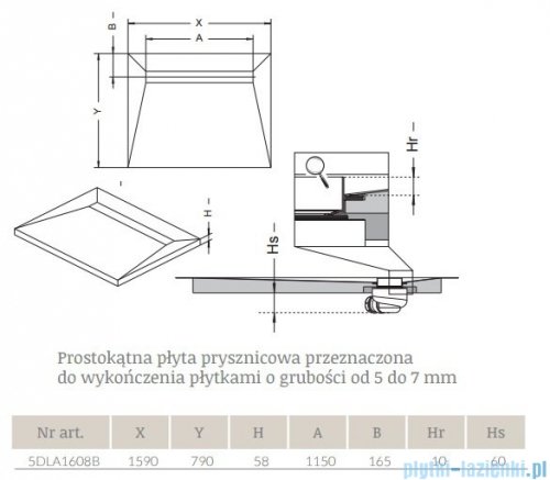 Radaway prostokątny brodzik podpłytkowy z odpływem liniowym Quadro na dłuższym boku 159x79cm 5DLA1608B,5R115Q,5SL1