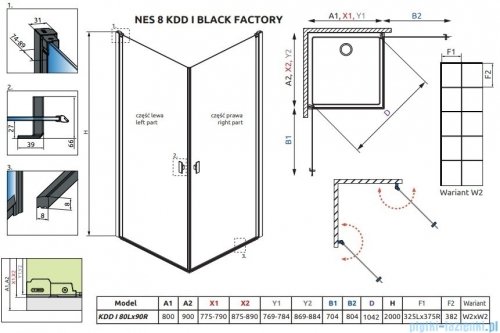Radaway Nes 8 Black Kdd I Factory kabina 80x90cm czarny mat/szkło przejrzyste 10071080-54-55L/10071090-54-55R