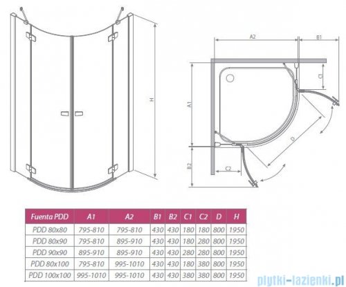 Radaway Kabina prysznicowa Fuenta PDD E 90x80 szkło przejrzyste 381005-01N