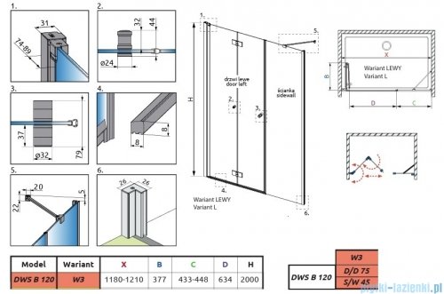 Radaway Nes Brushed Copper DWSB drzwi wnękowe 120cm W3 lewe szczotkowana miedź szkło przejrzyste 10044750-93-01L/10045450-01-01
