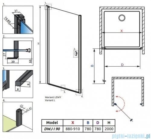 Radaway Nes 8 Black Dwj I Frame Drzwi wnękowe 90cm lewe czarny mat/szkło przejrzyste 10076090-54-56L