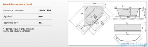 Sanplast Space Line Wanna symetryczna+stelaż+obudowa+adapter z pokrywką WS-kpl/SPACE 140x140+SP, 610-100-0750-01-000