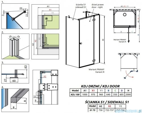 Radaway Essenza Brushed Copper Kdj+S kabina 75x100x75cm prawa szczotkowana miedź 1384049-01-01/1385022-93-01R/1384049-01-01