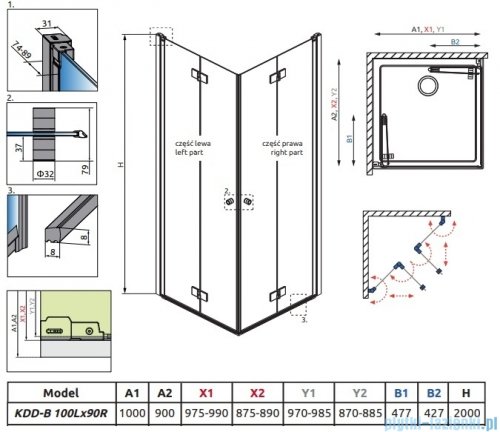Radaway Nes Kdd B Brushed GunMetal kabina 100x90cm szczotkowany grafit 10024100-92-01L/10024090-92-01R