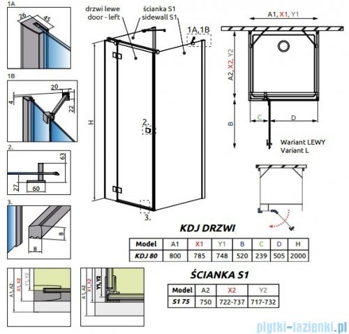 Radaway Essenza New Kdj+S kabina 75x80x75cm lewa szkło przejrzyste 385021-01-01L/384049-01-01/384049-01-01