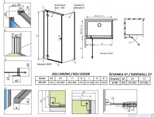 Radaway Essenza Kdj Brushed GunMetal kabina 90x90cm lewa szczotkowany grafit 1385044-92-01L/1384050-01-01