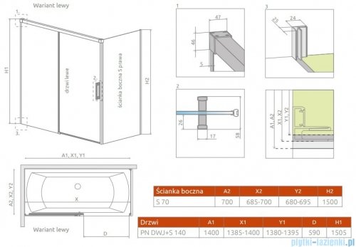 Radaway Idea Pn Dwj+S parawan nawannowy 140x70cm lewy przejrzyste 10042140-01-01L/10005070-01-01R