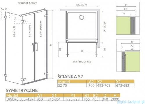 Radaway Arta Dwd+s kabina 95 (50L+45R) x70cm prawa szkło przejrzyste 386181-03-01R/386057-03-01L/386109-03-01