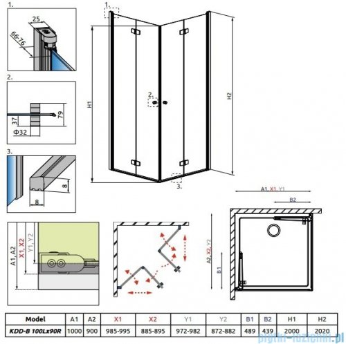 Radaway Fuenta New Kdd-B kabina 100x90cm przejrzyste bez listwy progowej rysunek techniczny