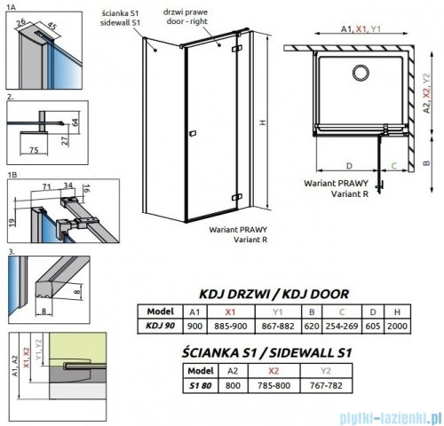 Radaway Fuenta New Kdj kabina 90x80cm prawa szkło przejrzyste 384044-01-01R/384051-01-01