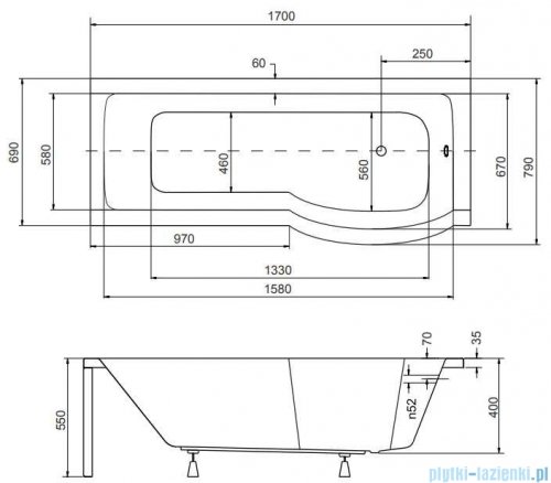 Besco Inspiro 170x70cm wanna z parawanem prawa + obudowa + syfon #WAI-170-PPR/#OAI-170-II/19975