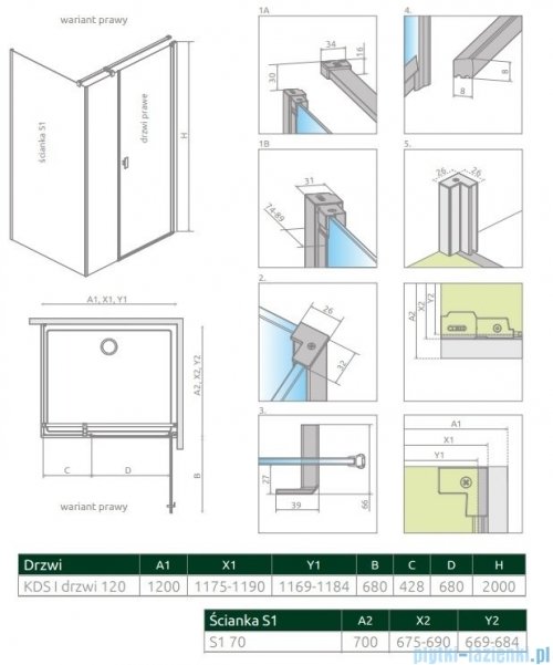 Radaway Nes 8 Kds I kabina 120x70cm prawa przejrzyste 10073120-01-01R/10073112-01-01/10089070-01-01