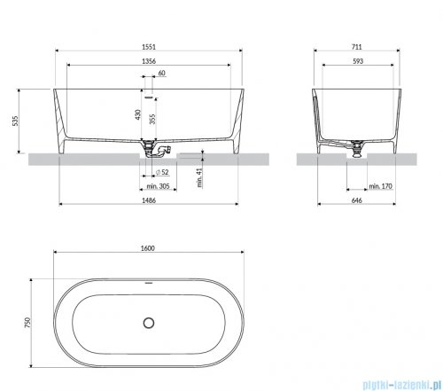 Omnires Ovo M+ wanna wolnostojąca z przelewem 160 x 75 cm olive mat OVO160WWZPOL