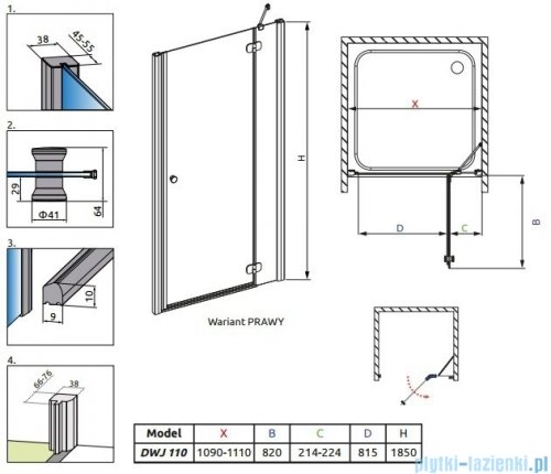 Radaway Torrenta DWJ Drzwi prysznicowe 110 prawe szkło grafitowe 32040-01-05N