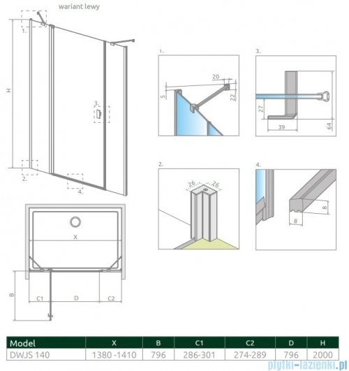 Radaway Nes Dwjs drzwi wnękowe 140cm lewe szkło przejrzyste 10038140-01-01L