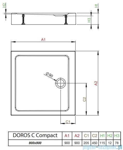 Radaway Doros C Compact Stone brodzik kwadratowy 90x90x11,5cm antracyt SDRC9090-05-64S