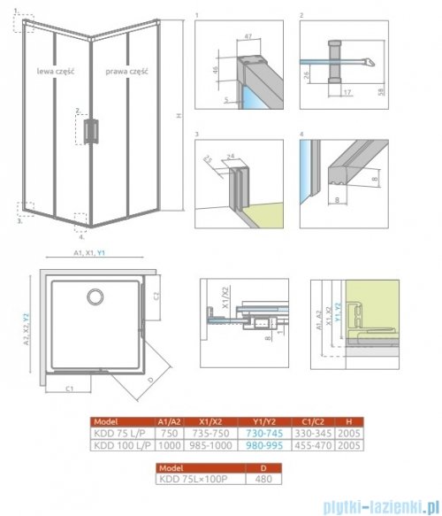 Radaway Idea Kdd Brushed Copper kabina 75x100cm szczotkowana miedź 387066-93-01L/387062-93-01R