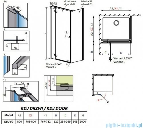 Radaway Essenza New Kdj drzwi 80cm lewe szkło przejrzyste 385043-01-01L