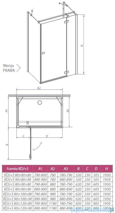 Radaway Kabina prysznicowa Fuenta KDJ+S 90x90x90 prawa szkło przejrzyste + Brodzik Argos C + syfon 81030-01R1 / 381030-01R2