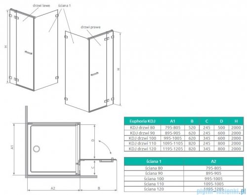 Radaway Euphoria KDJ Drzwi prysznicowe 90 lewe szkło przejrzyste 383612-01L/383241-01L