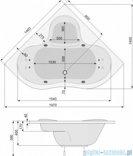 Poolspa Wanna symetryczna PERSJA 140x140 + hydromasaż Smart 2 PHSE310ST2C0000