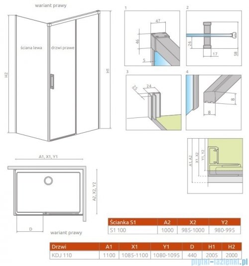 Radaway Idea Black Kdj kabina 110x100cm prawa szkło przejrzyste rysunek techniczny