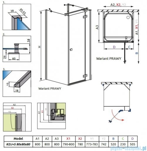 Radaway Kabina prysznicowa Almatea KDJ+S 80x80x80 prawa szkło przejrzyste 31532-01-01R1/31532-01-01R2