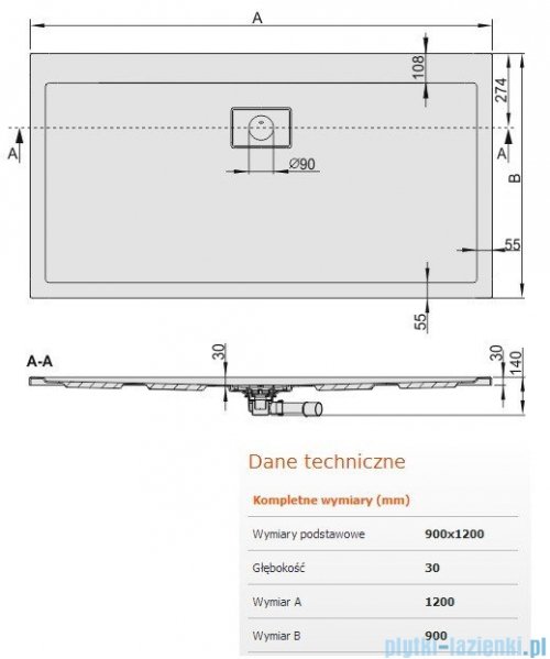 Sanplast Space Line brodzik prostokątny 120x90x3cm+syfon 615-110-0110-01-000