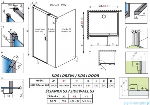Radaway Nes Kds I Brushed GunMetal kabina 100x75cm lewa szczotkowany grafit 10023100-92-01L/10043075-92-01