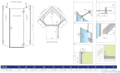 Radaway Essenza Pro Ptj kabina pięciokątna 90x90 prawa przejrzyste 10100000-01-01R/10100200-01-01