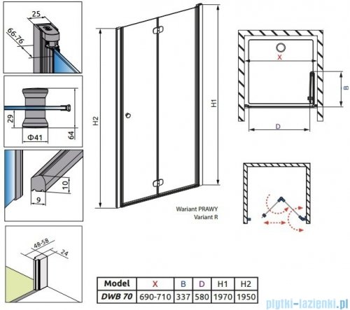Radaway Eos DWB Drzwi wnękowe 70 prawe szkło intimato 37883-01-12NR