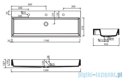 Marmorin Teo 1200 umywalka wpuszczana w blat 120x45 z otworem przelewowym i bez otworu na baterie biała 641120020210