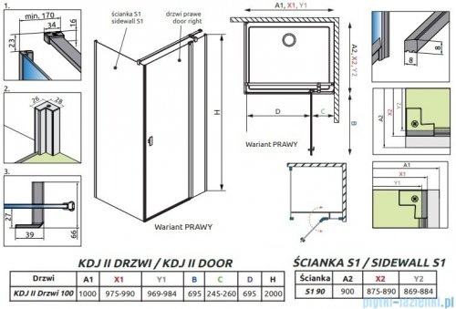 Radaway Nes 8 Black Kdj II kabina 100x90cm prawa czarny mat/szkło przejrzyste 10086100-54-01R/10089090-01-01