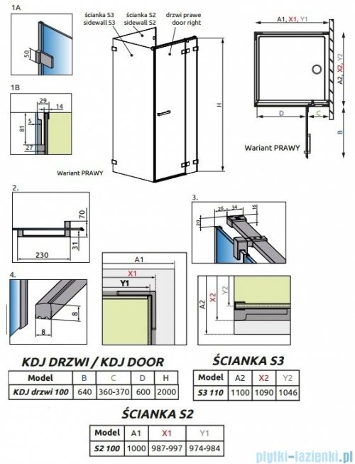 Radaway Euphoria KDJ P Kabina przyścienna 100x110x100 prawa szkło przejrzyste 383612-01R/383240-01R/383032-01/383039-01